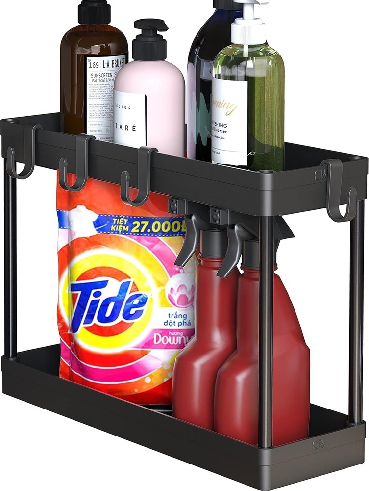 2-Tier Under Sink Organizer Storage Tray with Hooks Black