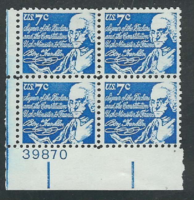 Scott  #1393D... 7 Cent....Franklin...2 Plate Blocks