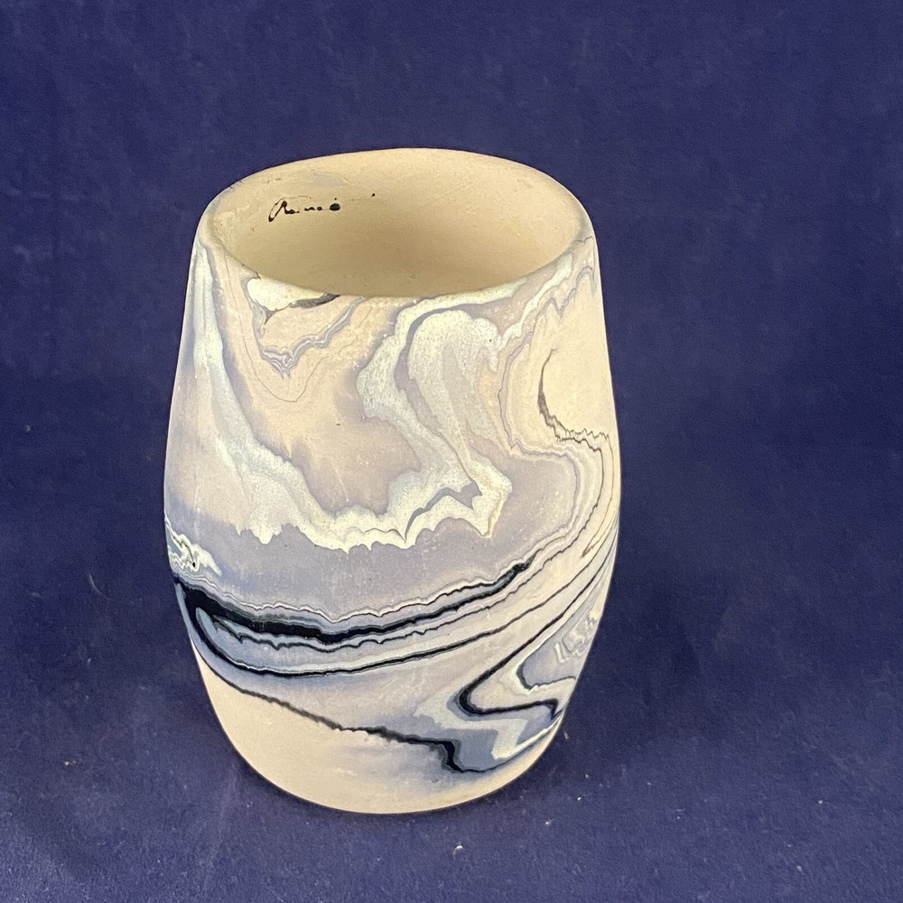 Signed Studio Pottery Votive Tea light Holder Blue Marbleized Glaze