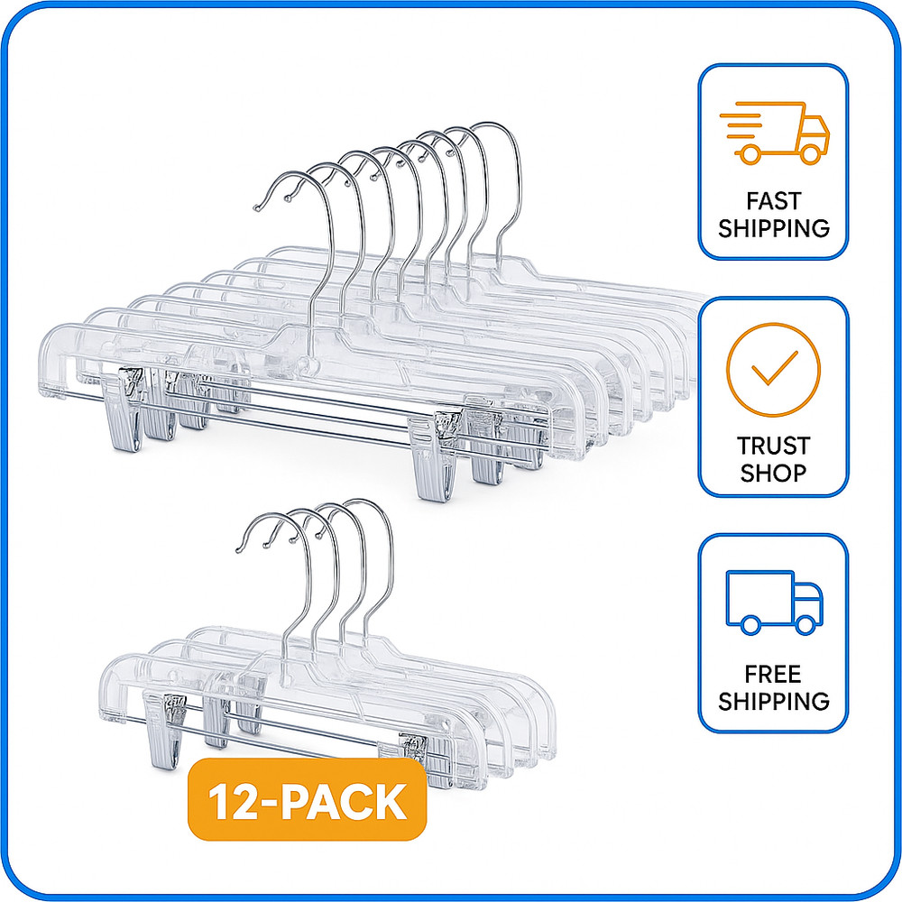 14" Clear Plastic Skirt Hangers with Adjustable Clips Swivel Hook – 12 Pack