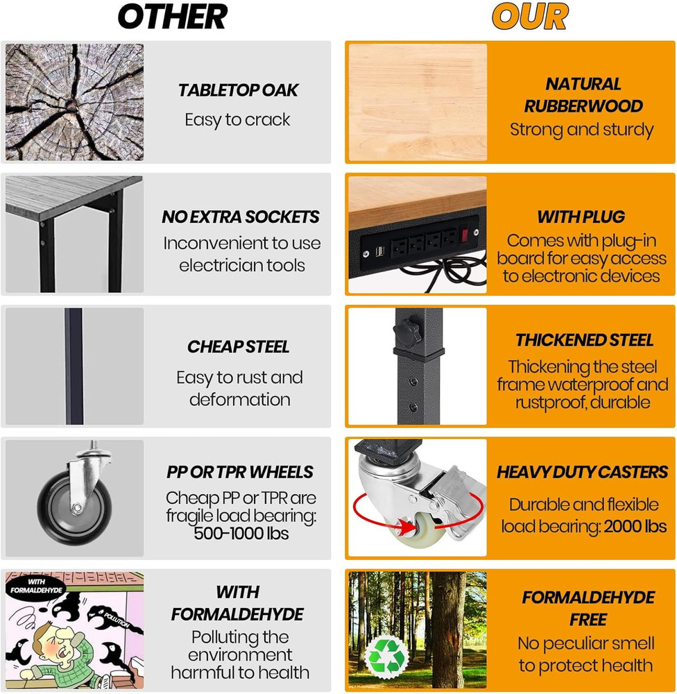 60" Adjustable Work Bench, Rubber Wood Top Workbench Heavy-Duty Work Table with