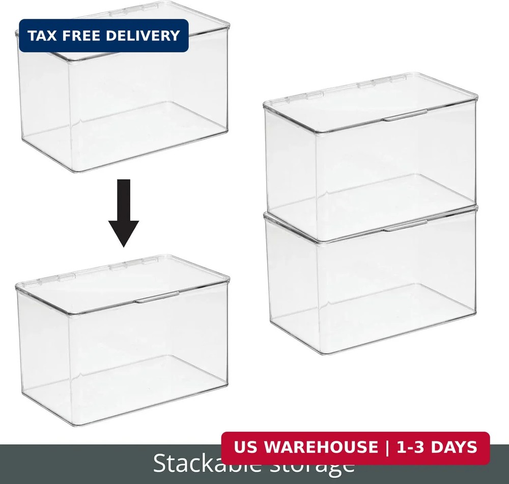 mDesign Set of 2 Storage Boxes with Lids - Stackable Plastic Storage Boxes for N