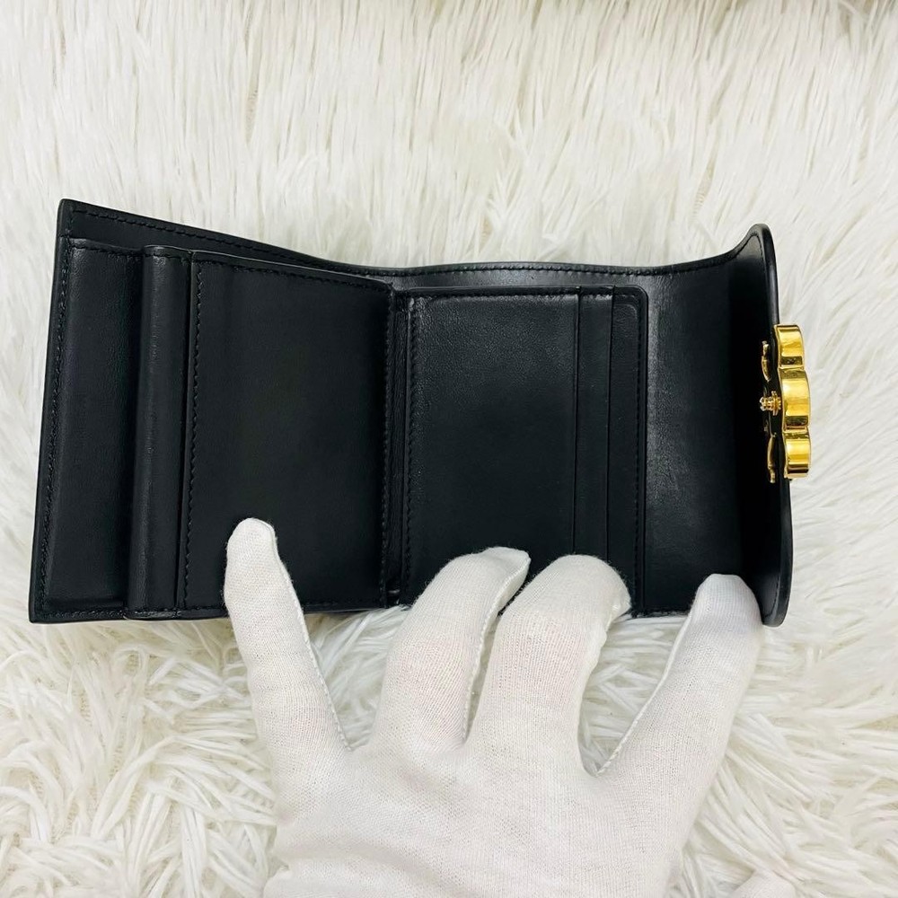Celine Triomphe Leather Compact Wallet Black Gold