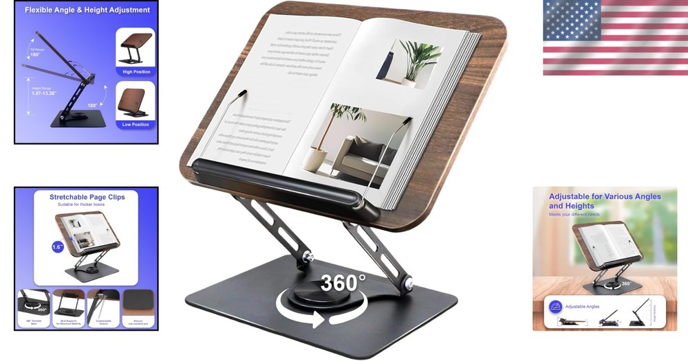 Book Stand for Reading - Adjustable 360° Rotating Book Stand Multi Heights wi...