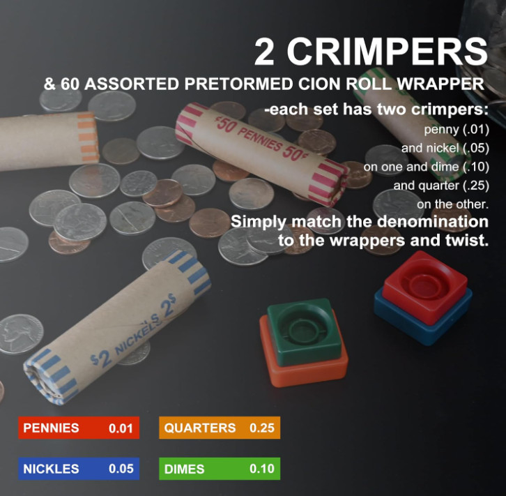 60 Assorted Coin Roll Wrappers Crimping Tool Set Color Coded for Quarters, Dimes