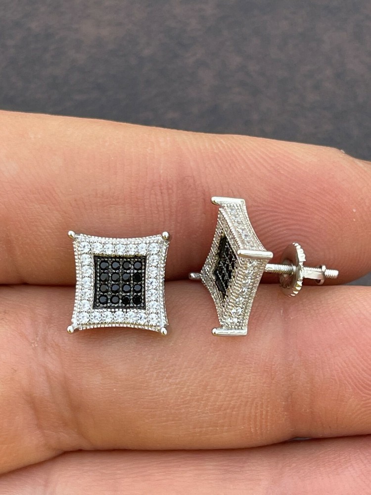 Mens Real 925 Solid Sterling Silver Iced Kite Square Black CZ Earrings Stud