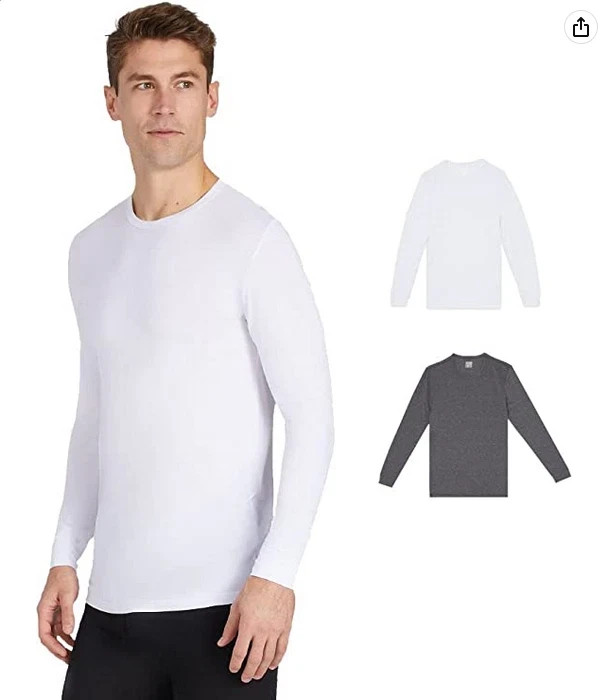 NWT 32 Degrees Heat Men's 2-Pack Base Layer Long Sleeve, White and Grey OPENPACK