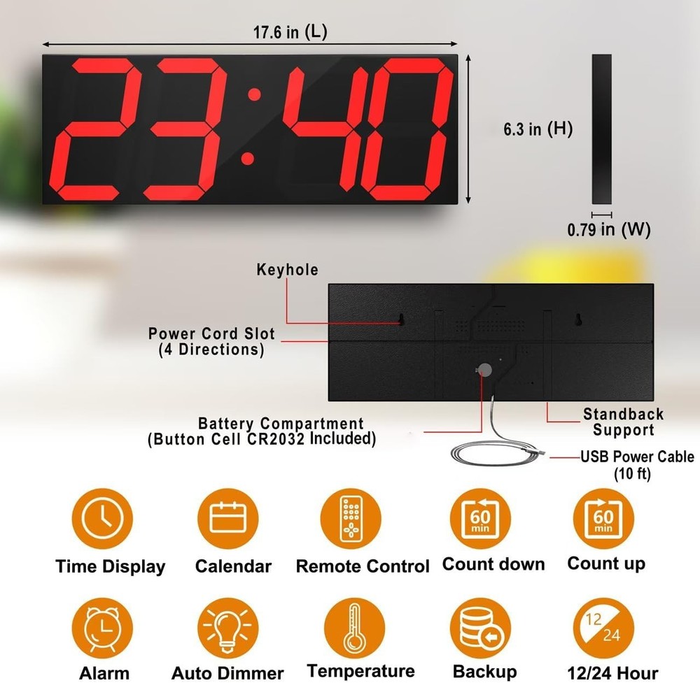 Big Red Digital Wall Clock - 6" Numbers, Countdown Timer, Brightness
