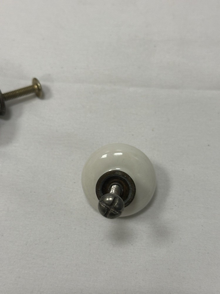 Vintage White Ceramic Drawer Pulls (Set of 2) Antique Brass Hardware Knobs