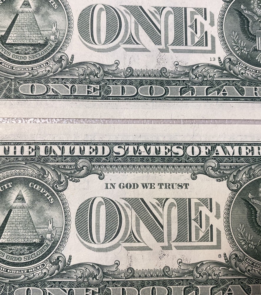 (4) $1 Sequential Bills ERRORS Identical OverInked 7 & Reverse Extra Ink Miscut
