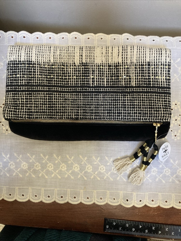 NWT Fabric Fold over Black & White Woven With Sequins Zipper Clutch Tassels