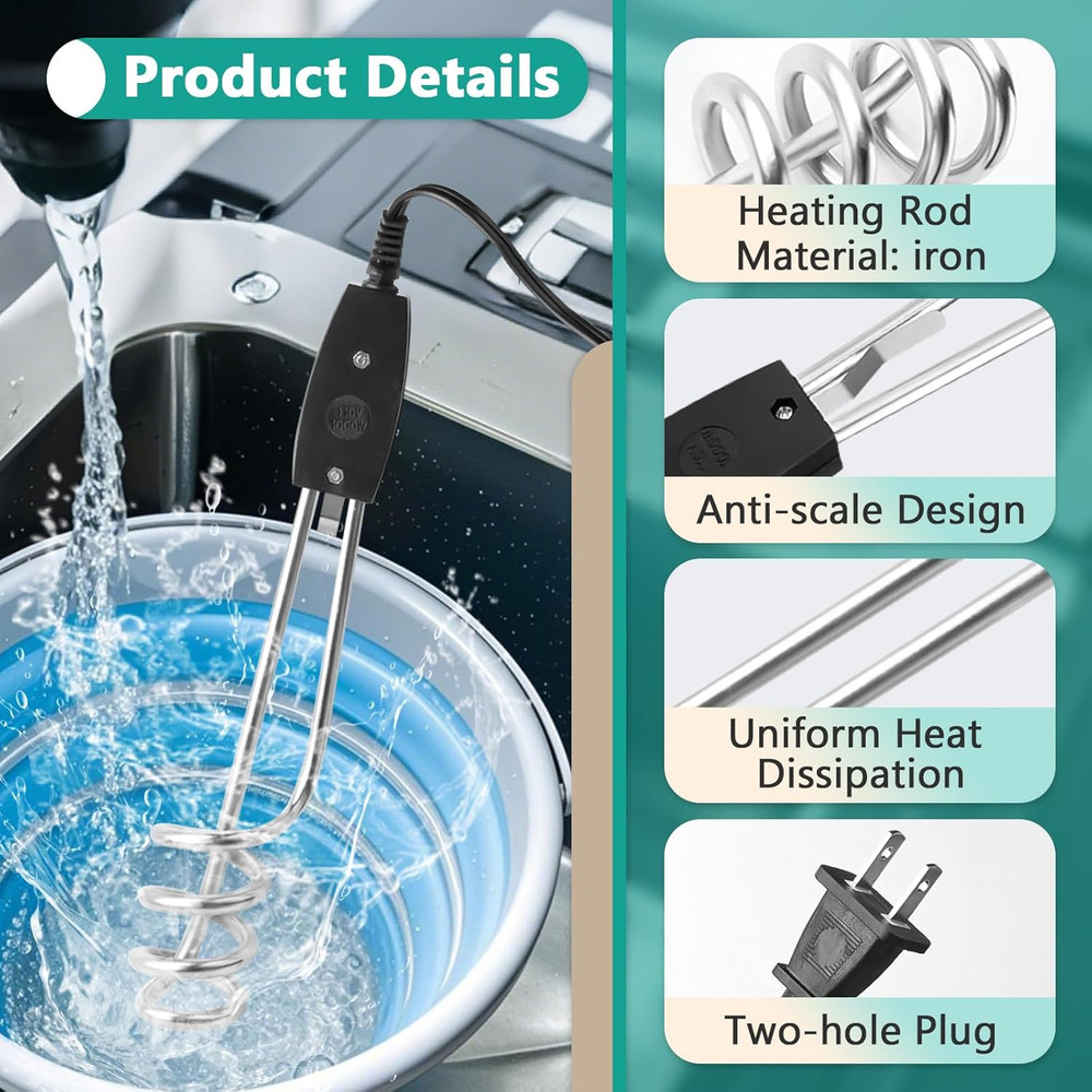 2 Pcs 1000W-110V Immersion Water Heater - 10In Immersion Electric Water Heater -