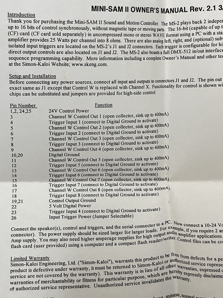 SK (Simon Kaloi Engineering) Mini-SAM 2 / Model MS-2 Sound & Motion Controller