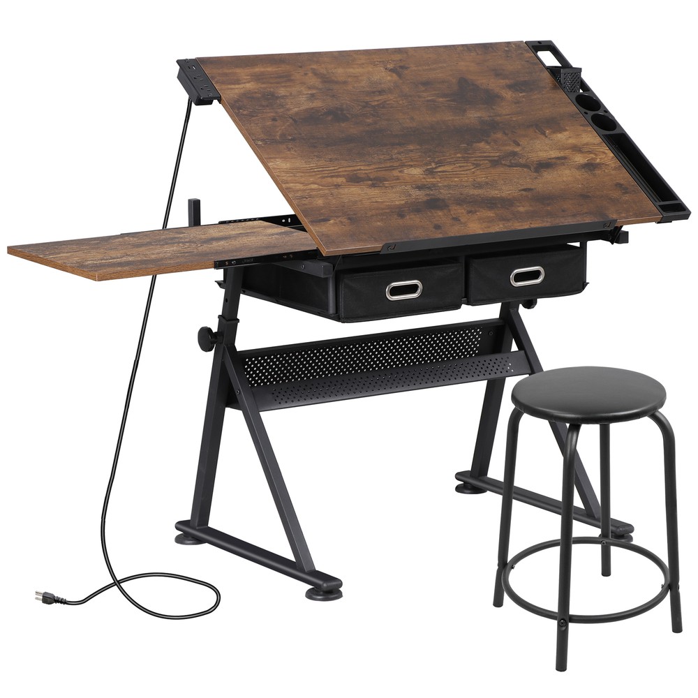 Adjustable Artist Table Tilted Tabletop w/Drafting Stool & Storage Drawer Retro