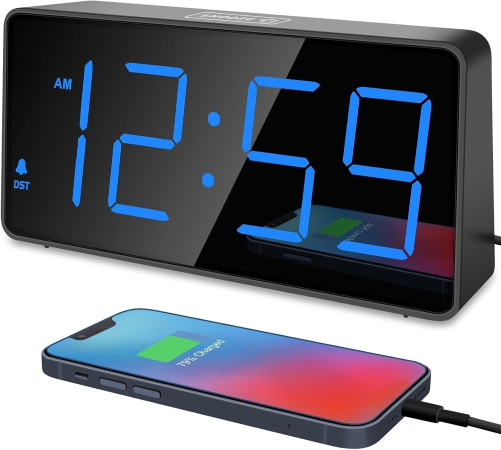 Blue Digital Alarm Clock: Adjustable Volume, USB Charging & 6 Brightness Levels