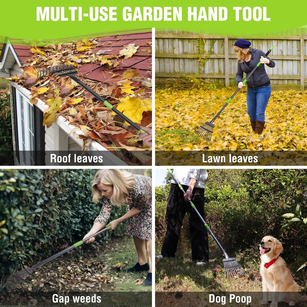 WORKPRO Rake, Small Rake for Leaves with 72” Adjustable Long Green & Black