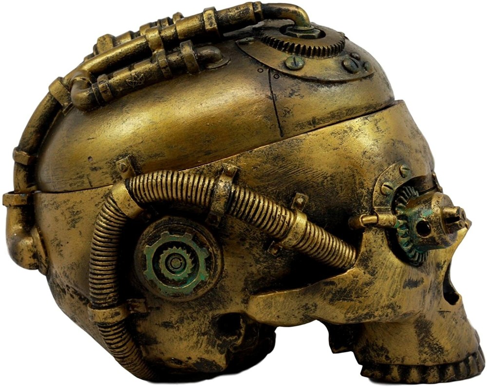 Steampunk Skull Box Robotic Gearhead Half Head 7.5" Long Container Keepsake Box