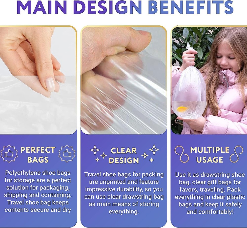 18” x 24 Double Drawstring Clear Poly Plastic Bags 2MIL Clear Large cs/500