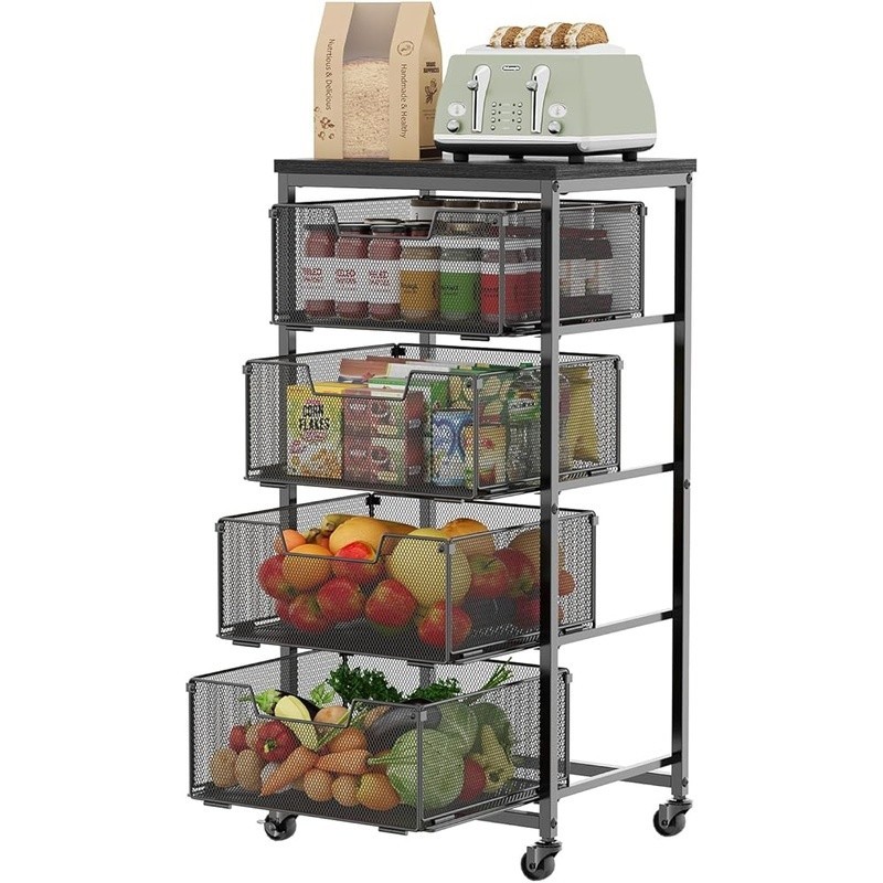 Wooden Top Rolling Kitchen Storage Cart 4 Tier Vegetable Basket Organizer New