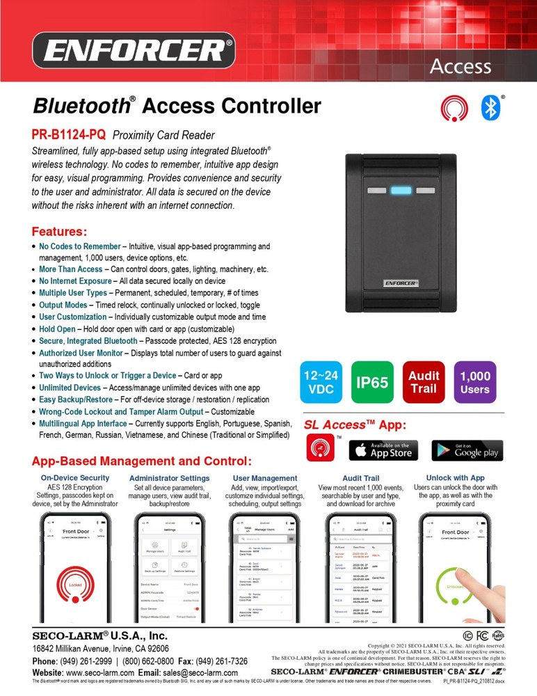 Seco-Larm PR-B1124-PQ ENFORCER Bluetooth Access Controller Proximity Card Reader