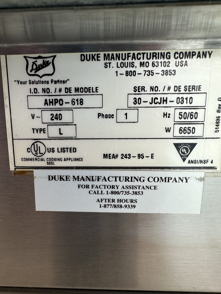 DUKE AHPO-618, PROOFER/CONVECTION OVEN