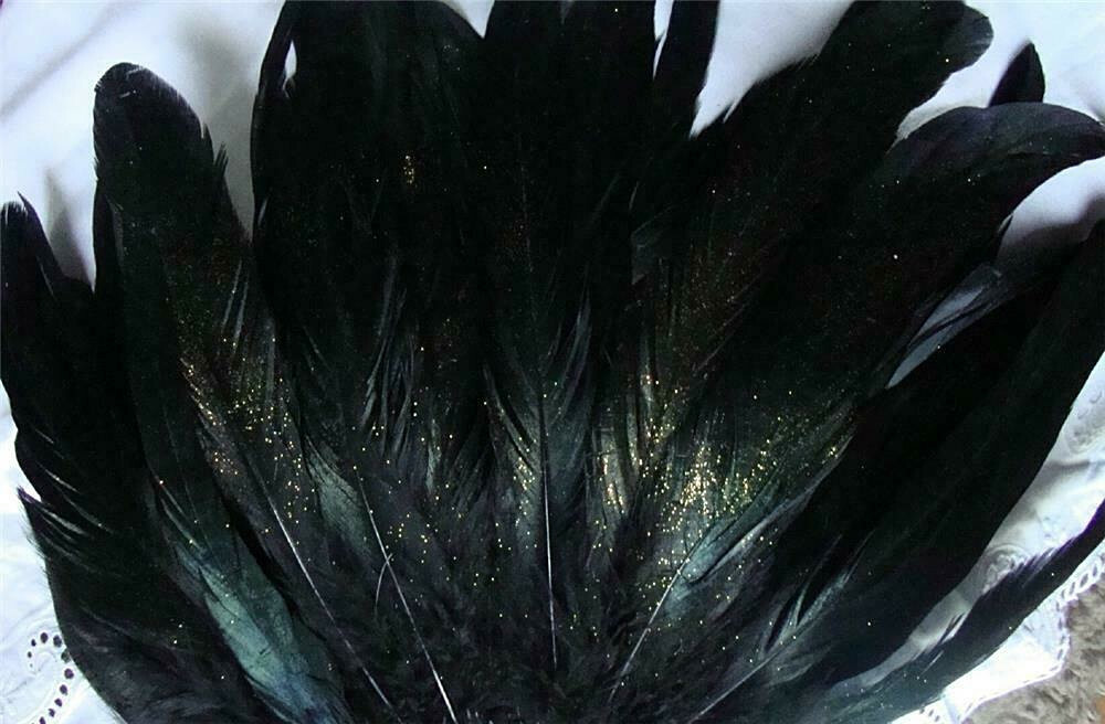 Rooster Tail Coque Feathers - Dyed Black w/Stardust - 20 Pcs. - 6-8" - Grade A