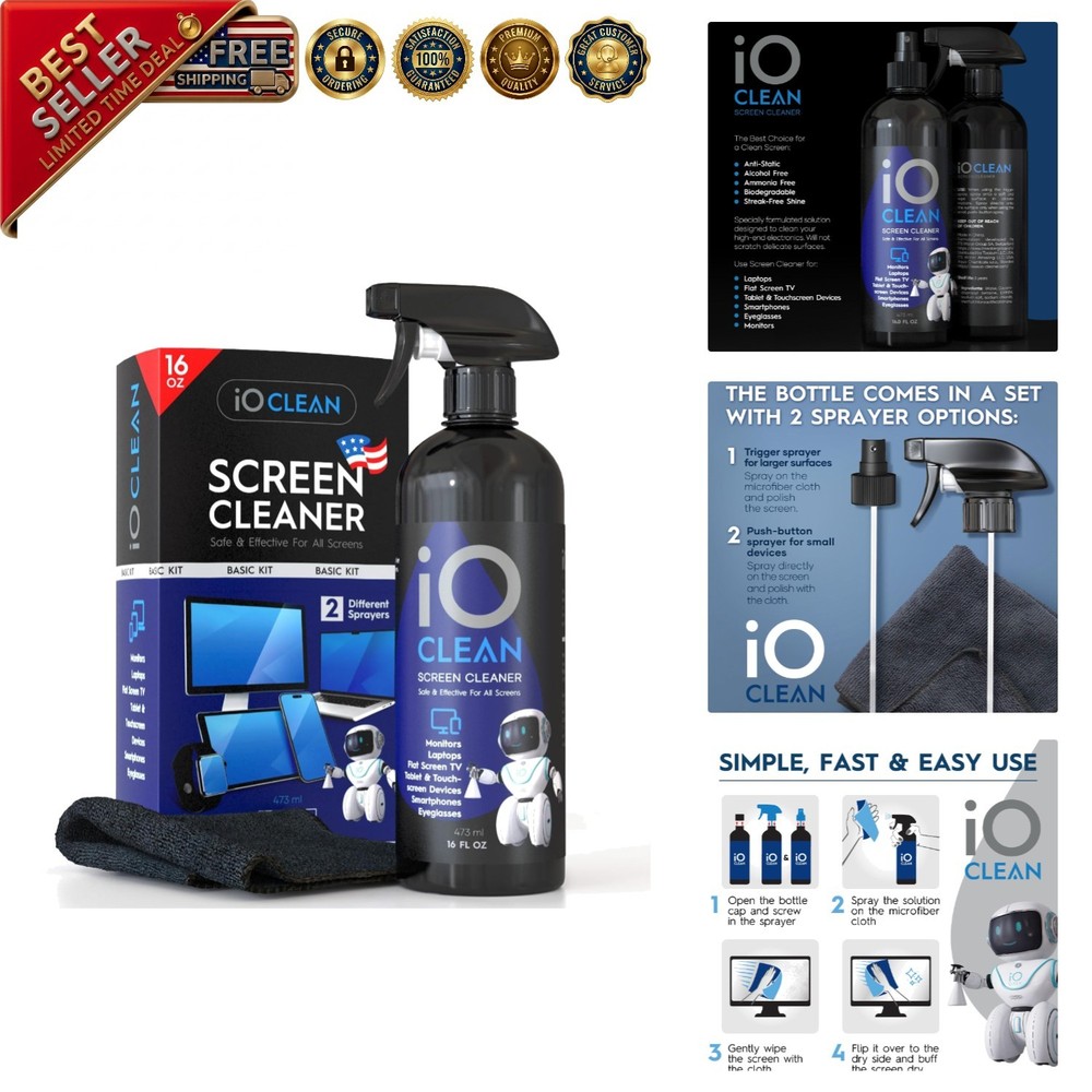 Eco-Friendly 16oz Screen Cleaner with Microfiber Cloth & Dual Nozzles