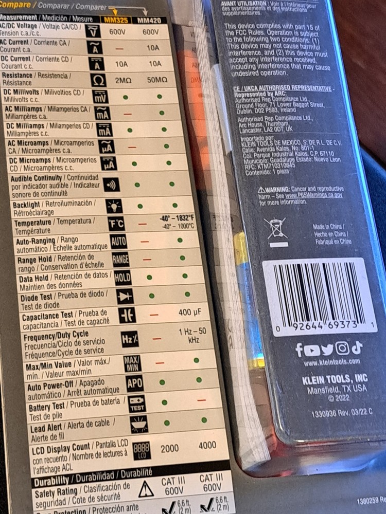 Klein Tools MM325 Multimeter Digital Manual-Ranging 600V AC/DC Voltage Tester