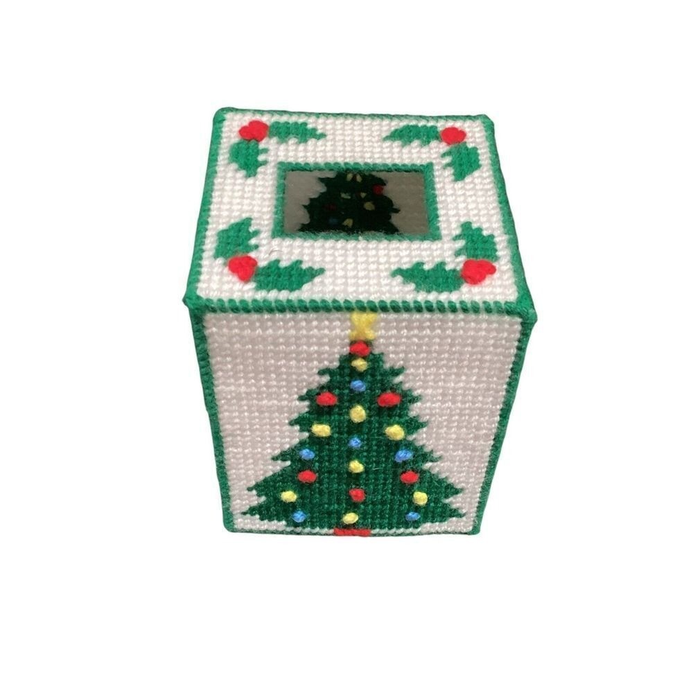 Handmade Plastic Canvas Christmas Tree Tissue Box Cover Coasters Set