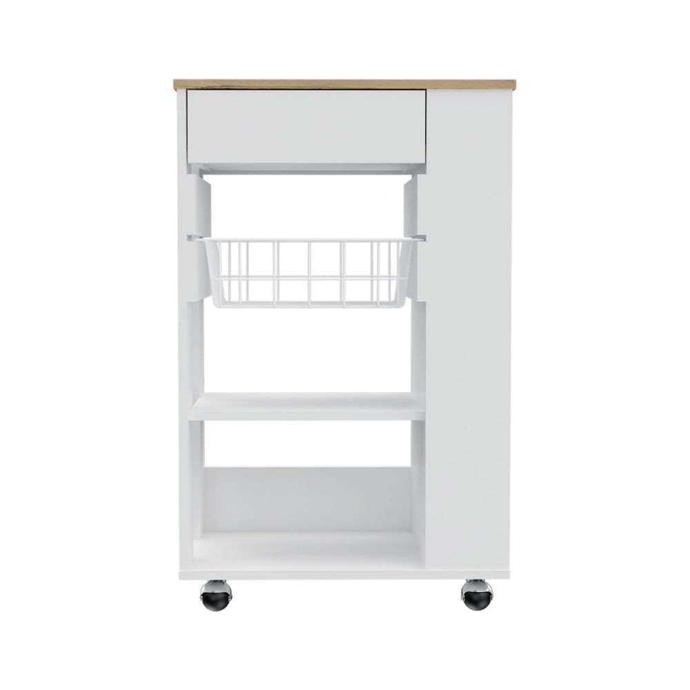 White and Light Oak 5-Shelf 1-Drawer Kitchen Cart