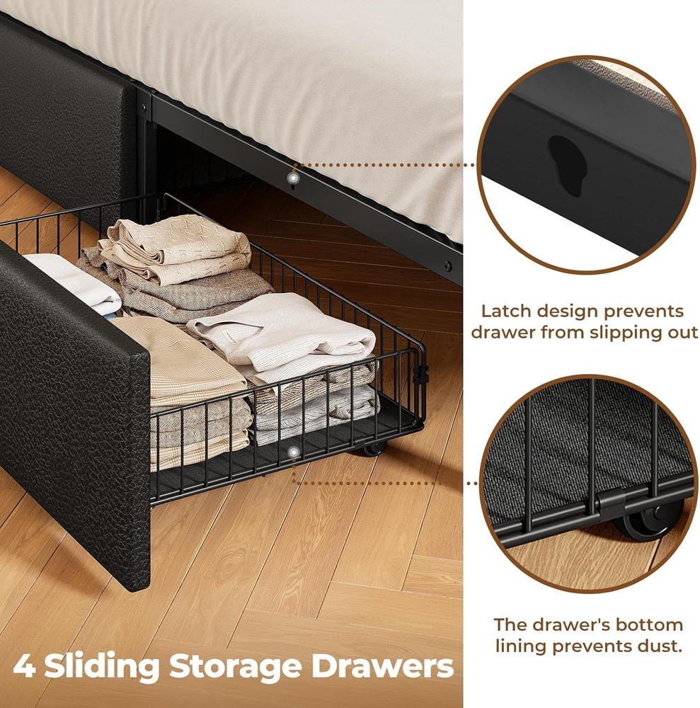Full Bed Frame with Storage 4 Drawer Platform Bed with USB Charging Built in LED