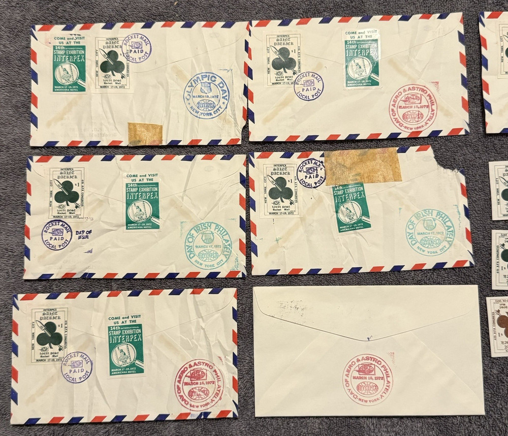 1972 St. Patrick MO Rocket Mail covers (7) + INTERPEX card + 12 labels, crash