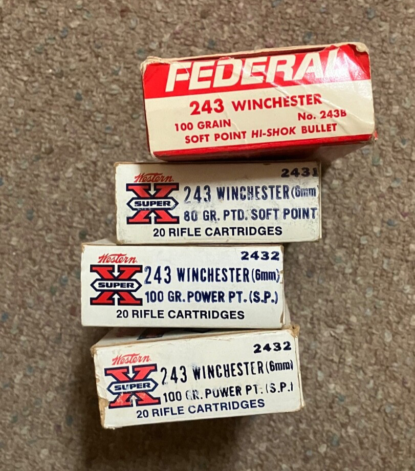 4 Vintage 243 Winchester empty boxes complete with shell holders