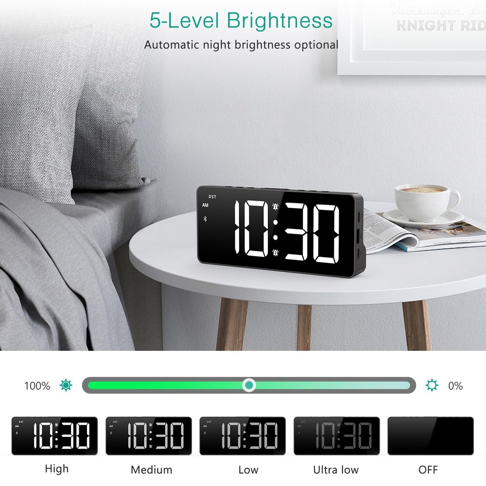 Digital Alarm Clock, LED Bedroom Clock with Bluetooth Sync Time, Auto Sync Ti...