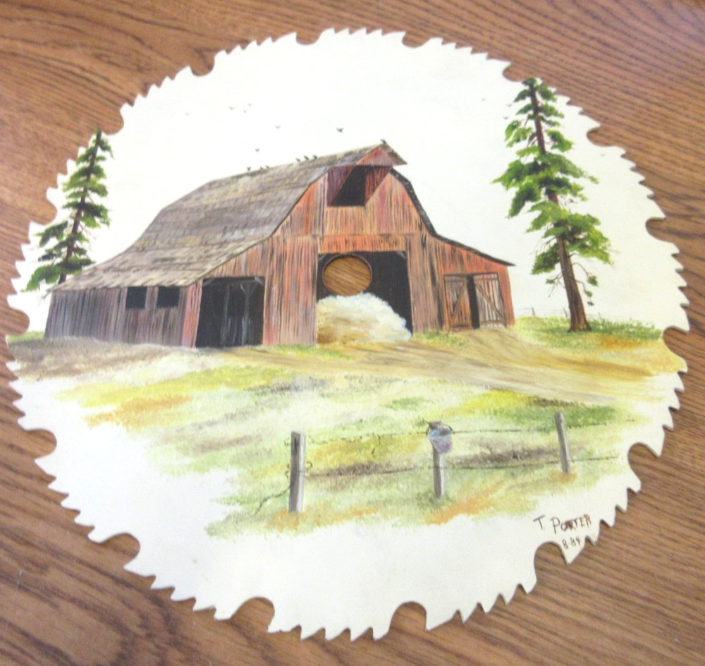 Vintage Hand-painted Signed Saw Blade ~ Rustic Barn ~ 9" round