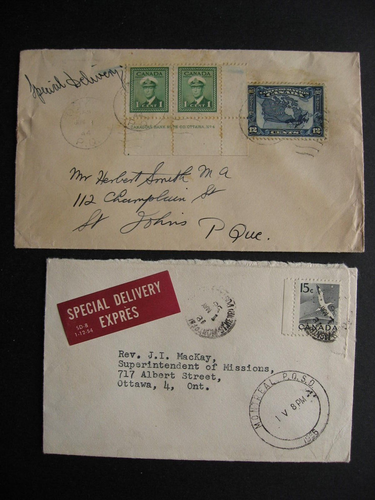 Canada 2 special delivery covers QC both covers back damaged