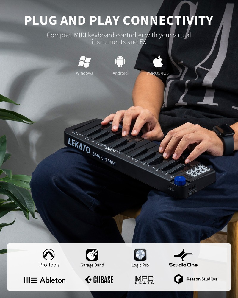 LEKATO 25 Key Keyboard Rechargeable Bluetooth MIDI Keyboard Controller Sensitive