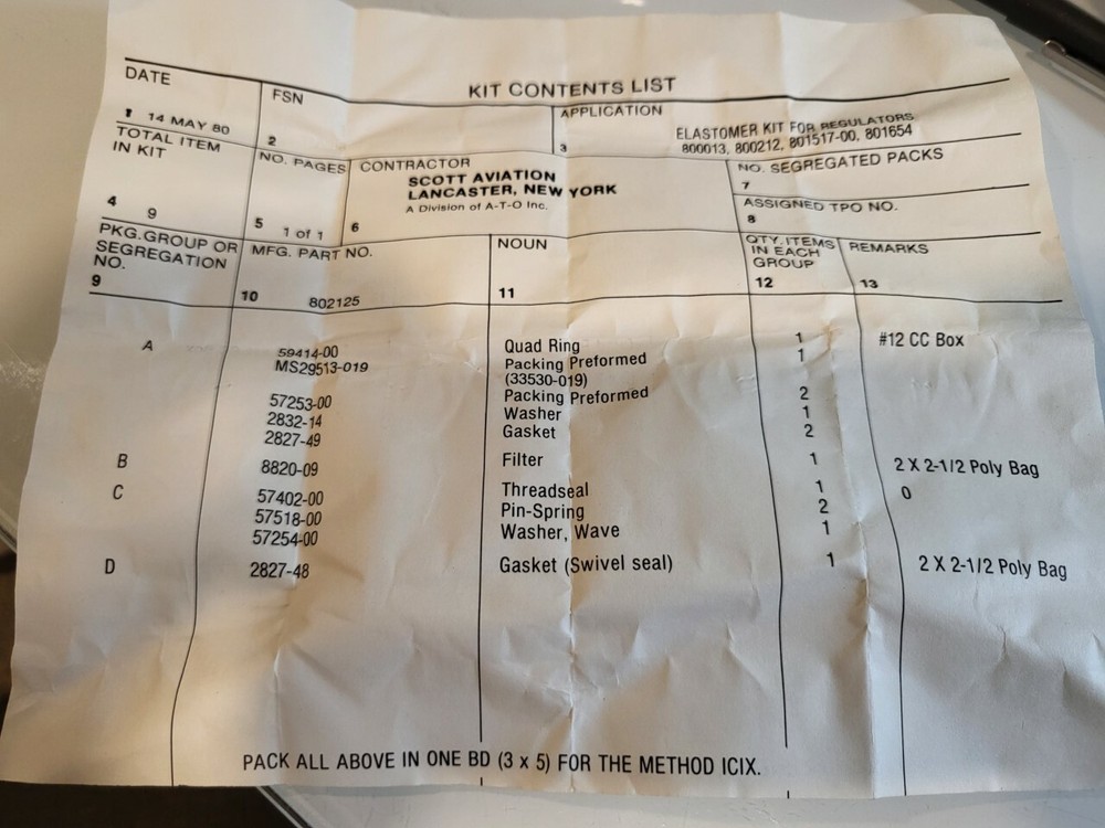 SCOTT AVIATION REGULATOR PARTS KIT 802125