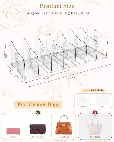 2-Pack Rose Purse Organizers for Closet, Adjustable Large Large-2-Pack Clear