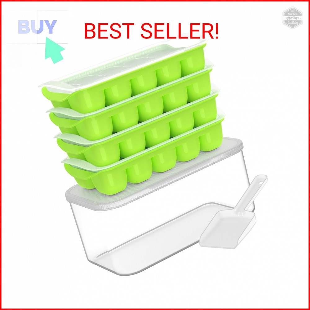 DOQAUS Ice Cube Tray with Lid and Bin - 4 Pack Ice Bucket Kits, Stackable Silico