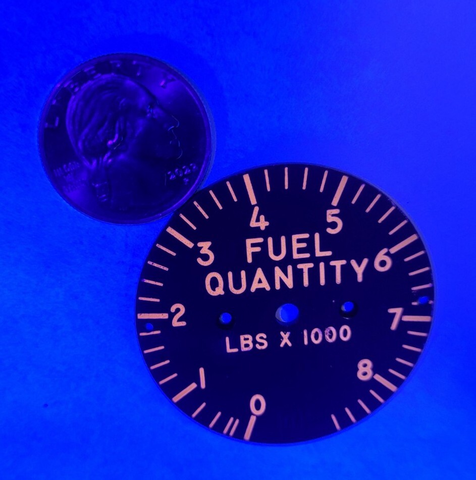 Fuel Quantity Indicator Dial, Glows Orange Under Black Light