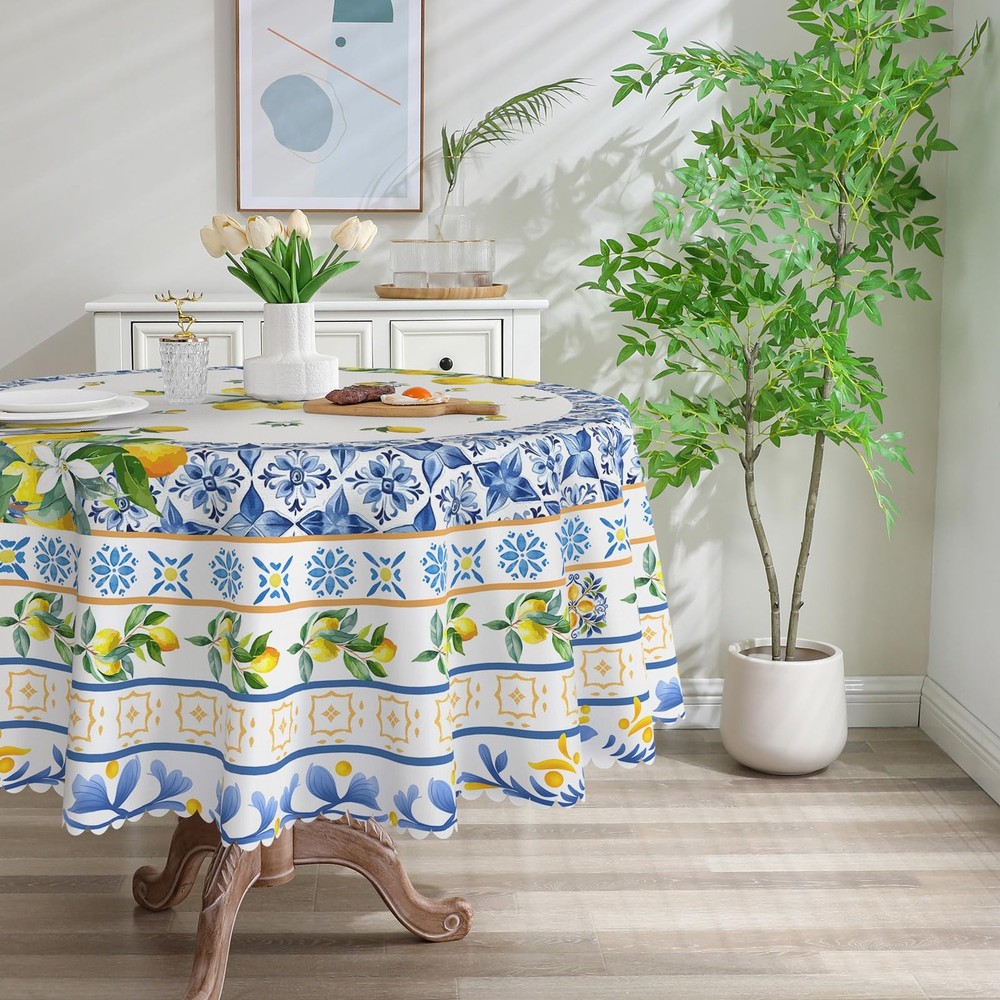 cusugbaso Lemon Round Tablecloth 60 inches - Mediterranean 60" (Round),