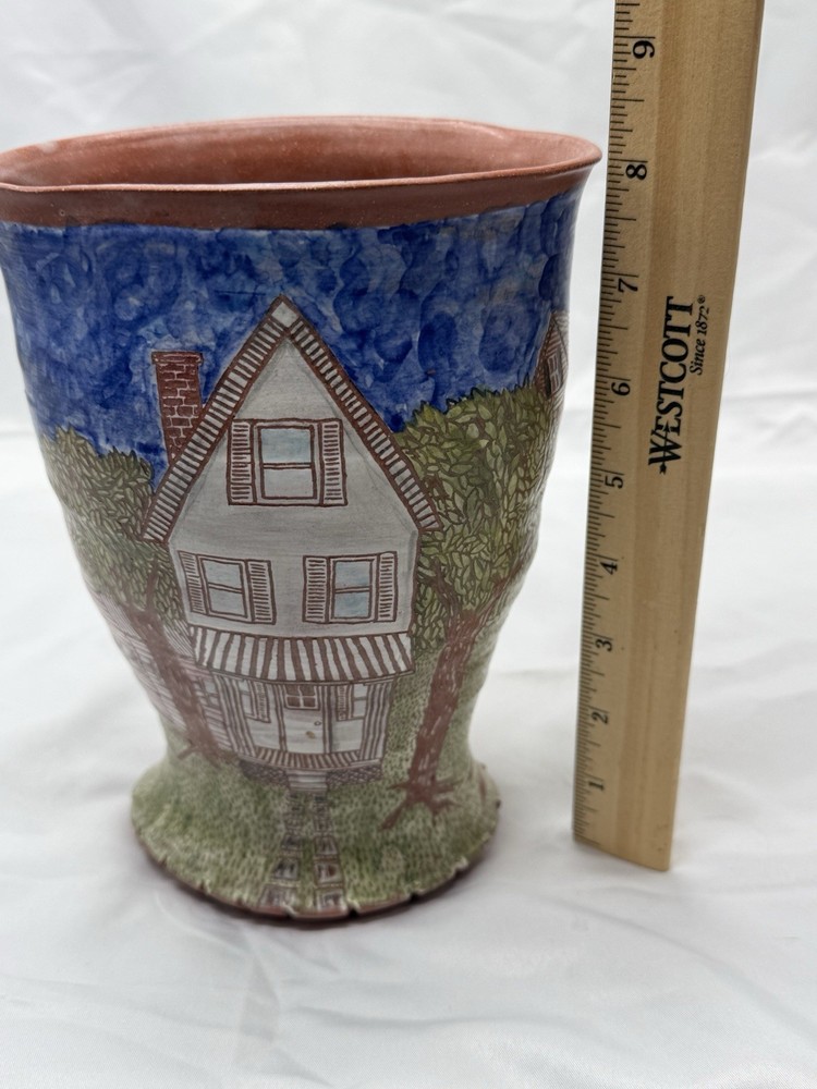 8inch Earthenware Vase With House Scene Marked