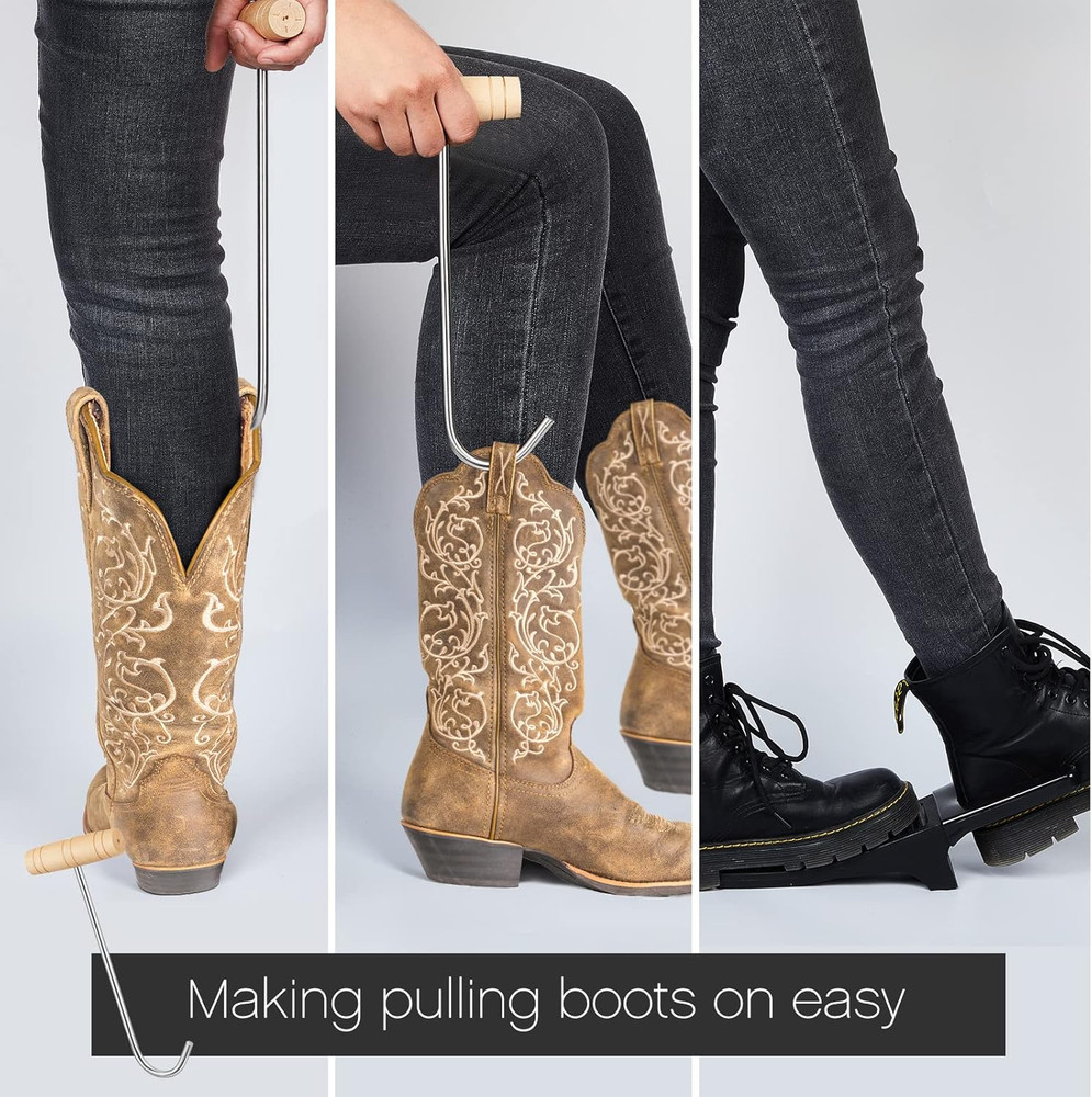 3 Pieces Cowboy Boot Hooks Long Shoes Pull and Boot Puller Set with Long Handle