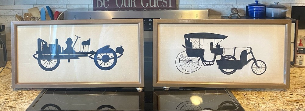 Two Antique Copper Framed Motor Carriage Silhouette Original Artwork
