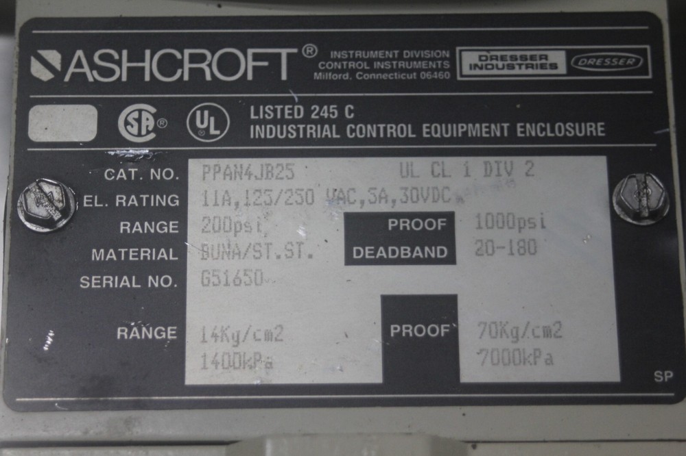 Ashcroft Pressure Switch PPAN4JB25