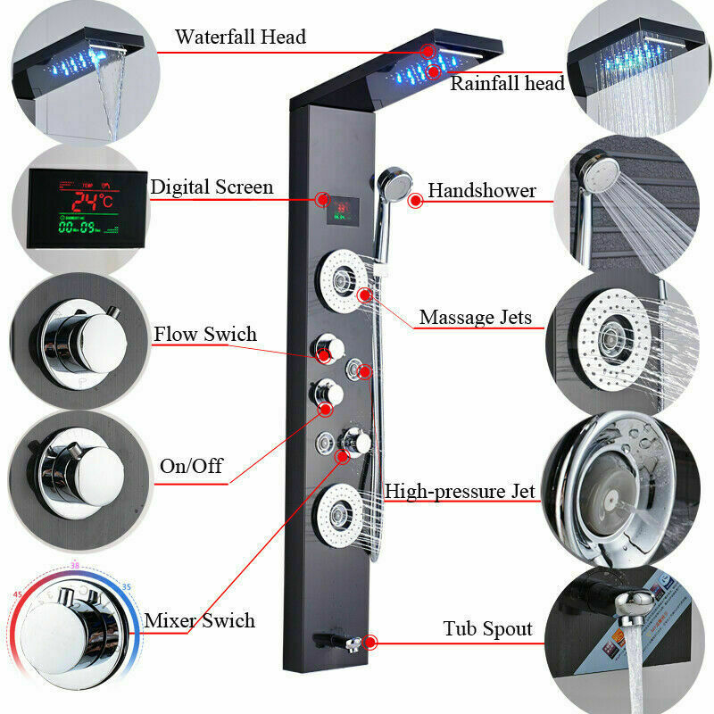 Shower Panel Tower Massage System LED Rain Waterfall Shower Head Black Mixer Tap