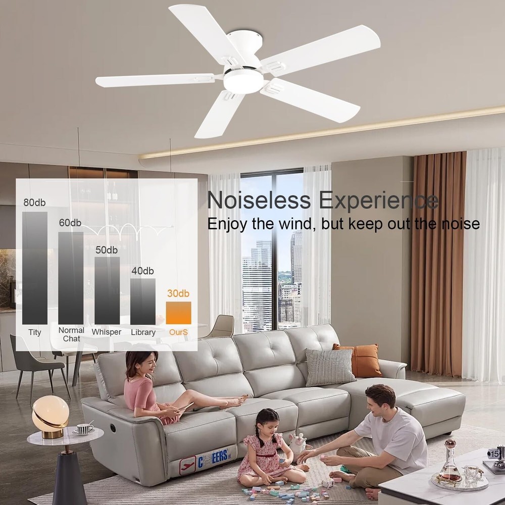 52" Low Profile Ceiling Fan with Lights, Remote/APP Control, Dimmable, White