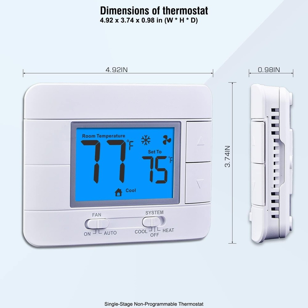 Upgraded Non-Programmable Digital Thermostat for Single Stage Systems - Blue LCD