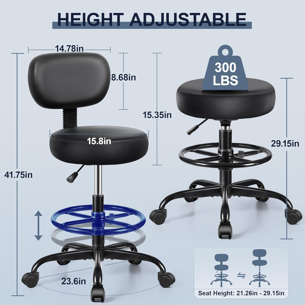 Drafting Chair with Backrest – Adjustable Foot Rest Rolling Stool with Wheels, P